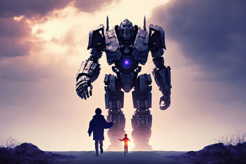 Fototapeta premium Giant robot and child walking together at sunset. Best friends. Friendship between artificial intelligence and people. Created with Generative AI