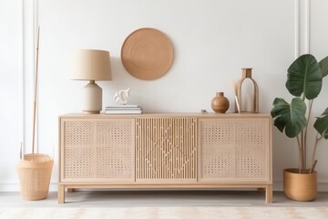 Interior of modern boho living room with beige sideboard over white wall with wooden paneling and boho decor. Contemporary room with dresser - Generative AI