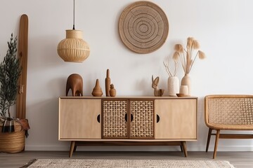 Interior of modern boho living room with beige sideboard over white wall with wooden paneling and boho decor. Contemporary room with dresser - Generative AI