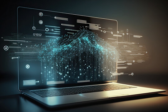 Laptop with network connection illustration. Analitical data infographic. Created with Generative AI