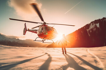 Search and rescue operation in mountains. Medical rescue helicopter landing in snowy mountains. Created with Generative AI