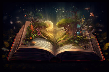 Open magical book with fantasy landscape over pages. Created with Generative AI