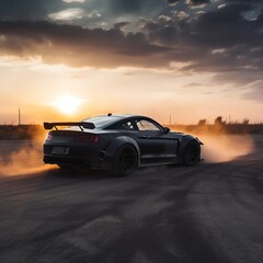 Fototapeta na wymiar Matte black racing car drifting at sunset. AI