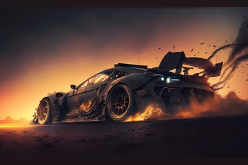 Obraz na płótnie Canvas Matte black racing car drifting at sunset. AI