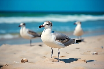 Close up of seagulls on the beach against the background of the sea, summer day generated by Ai