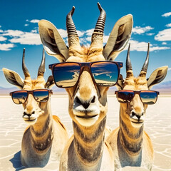 antelopes in sunglasses take a selfie, generative AI