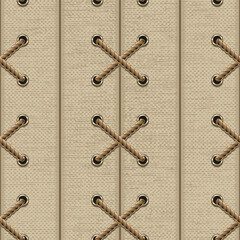 Seamless pattern with wide vertical stripes of jute fabric and criss cross rope lacing. Vintage style.