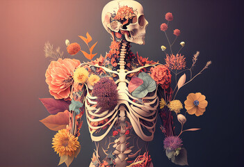 Human body skeleton anatomy with flowers and plants. 3D illustration. Toned. generative ai