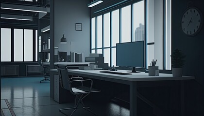 Fototapeta na wymiar Office Interior Room Space Background. Working Place, Generative AI