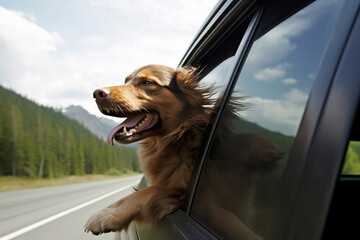 Dog enjoy road trip, head out of the window, in the wind generated by Ai