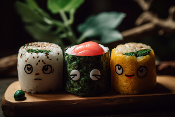 Fototapeta na wymiar Set of kawaii sushi, traditional japanese cuisine food with cute characters on wooden board, closeup. Generative AI