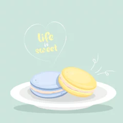 Keuken spatwand met foto  Popular French macarons on a plate, painted with watercolors. Watercolor pastry macarons. Vector illustration in Ukrainian colors. fashion clip © Viktoria