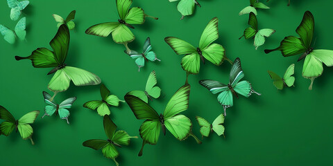 Repeating pattern of  green butterflies against a green background generated by Ai