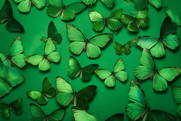 Repeating pattern of  green butterflies against a green background generated by Ai