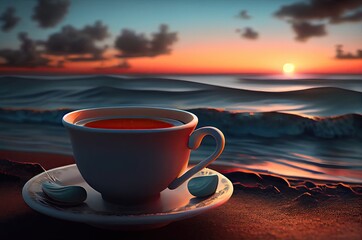 Coffee Cup Holiday Vacation Destination Beach Dawn And Copy Space Generative AI