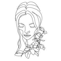 Line Drawing. Abstract woman face with flowers  by one line drawing. 