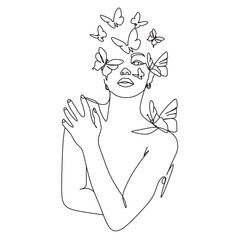 Woman face with butterfly. Abstract face with butterfly by one line vector drawing. Portrait minimalistic style. Botanical print. © Nina