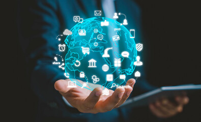 Businessman hand holding virtual global internet connection metaverse. Business global internet connection application technology and digital marketing, finance and banking, Digital link tech