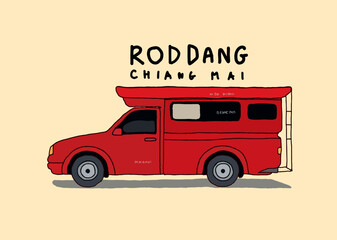 Chiang Mai red bus in Thailand, flat style illustration