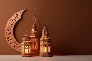 Obraz premium Ramadhan kareem gift card, crescent moon with islamic lantern, stars on brown background and copy space. Generative ai