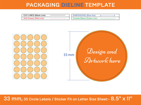 35pcs 34 mm CIRCLE or ROUND label sticker dieline template