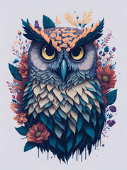 Cartoon Owl in flowers. AI generated illustration