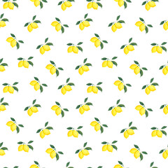 Watercolor seamless pattern with yellow lemon branch isolated on white background. Illustration for textures, wallpapers, fabrics.