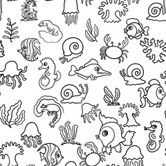 seamless abstract pattern background fabric design print wrapping paper digital illustration texture wallpaper textile with fish ocean sea animals black and white coloring art