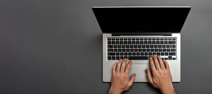 Top view of hands typing on computer laptop on dark grey background. Place for text, close up, copy space. Generative ai