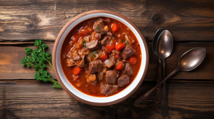 A Bowl of Goulash on  a Rustic Table