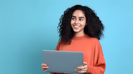 Fototapeta premium young latin woman smiling, working on her laptop
