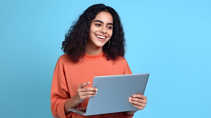 Obraz premium young latin woman smiling, working on her laptop