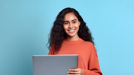 Fototapeta premium young latin woman smiling, working on her laptop