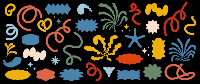 Vector trendy quirky shapes. Strange organic and geometric shapes, icons, objects. Various contemporary abstract stylish brutalism geometric shapes. Modern abstract doodles isolated on black backdrop