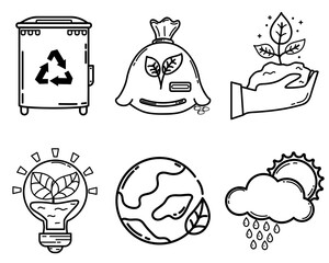 Set of linear icons. Ecology. Modern style. Ecological development. Green leaves.