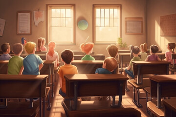An engaging illustration of a classroom from the back, filled with children eagerly learning and interacting. Ai generated.
