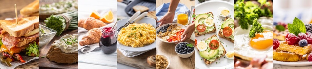Different type of breakfasts in a mixture of pictures for the morning meals food concept