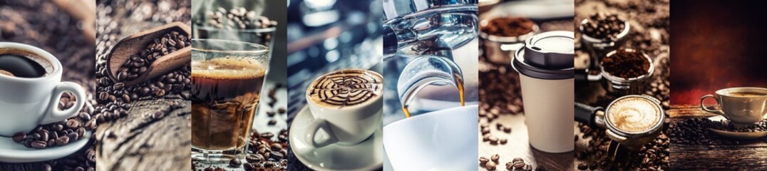 The variety of coffee drinks displayed in a single banner photo barista food concept