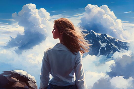 Woman Hiking In Clouds  Top Of Mountains With Copyspace Generative AI