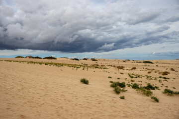 Sand dunes and cloudy sky, Fuerteventura, Spain