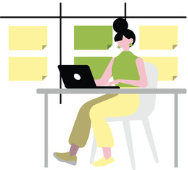 Fototapeta na wymiar Woman working on laptop in office. Vector illustration in flat style.