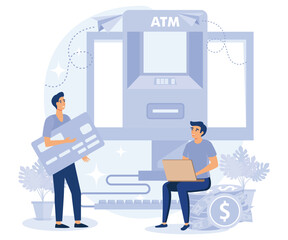 ATM concept. Tiny people waiting in line near atm machine holding credit card and money. Banking terminal. Online payment, flat vector modern illustration