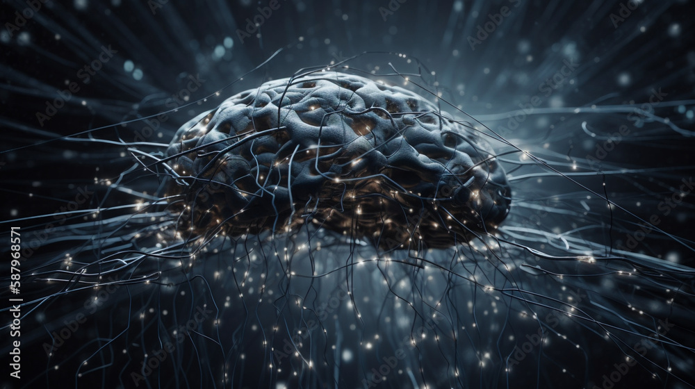 Aufkleber Visualization of artificial intelligence with neural connections, science background. Generative AI