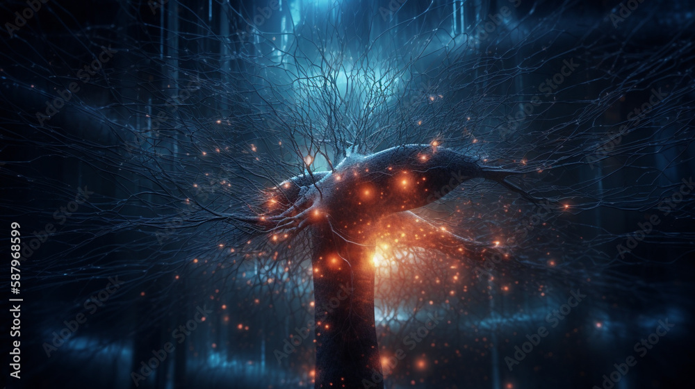 Aufkleber Visualization of artificial intelligence with neural connections, science background. Generative AI