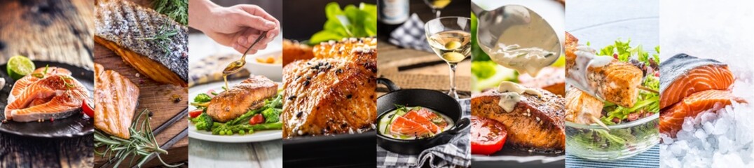 Salmon meals food concept of finished dishes displayed in a banner format collage