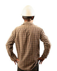 Working man wearing helmet standing with his back on transparent.