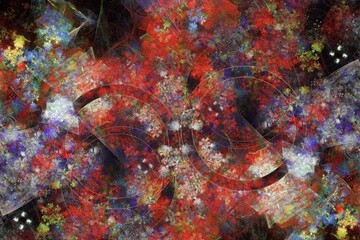 Red multi-colored pattern of curved shapes and strokes on a black background. Abstract fractal 3D rendering