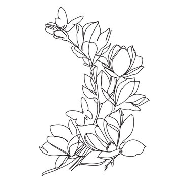 Magnolia Flower and butterflies One Line Drawing . Line art. Vector illustration.