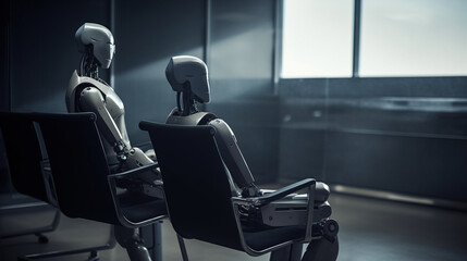 Naklejka na ściany i meble Robot sitting on a chair, created with Generative AI technology