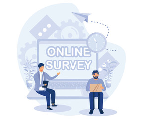 Online survey concept. Tiny people filling online survey form on smartphone or laptop. Feedback service. flat vector modern illustration